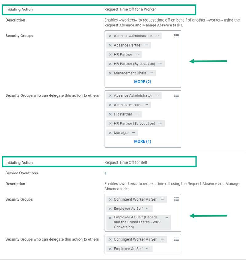 A screenshot with Request Time Off for Self and Request Time Off for a Worker highlighted. Refer to the preceding text for more details.