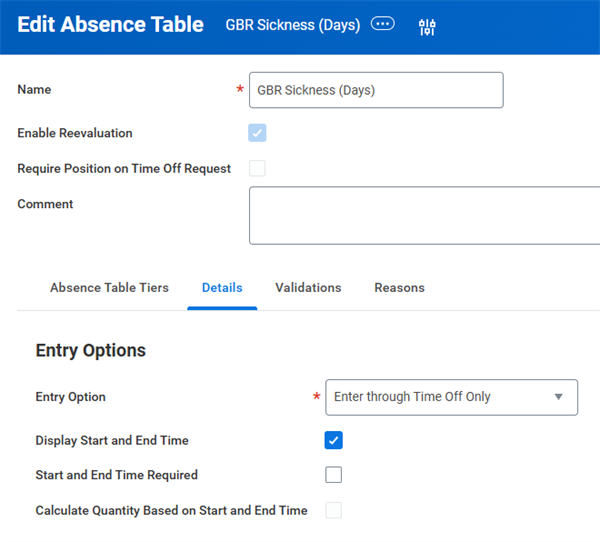A screenshot of the Details tab in the Edit Absence Table task.