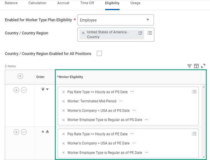 A screenshot of the Create/Edit Time Off Plan task with Worker Eligibility grid highlighted.