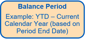 Balance period. Example: YTD - Current Calendar Year (based on Period End Date)