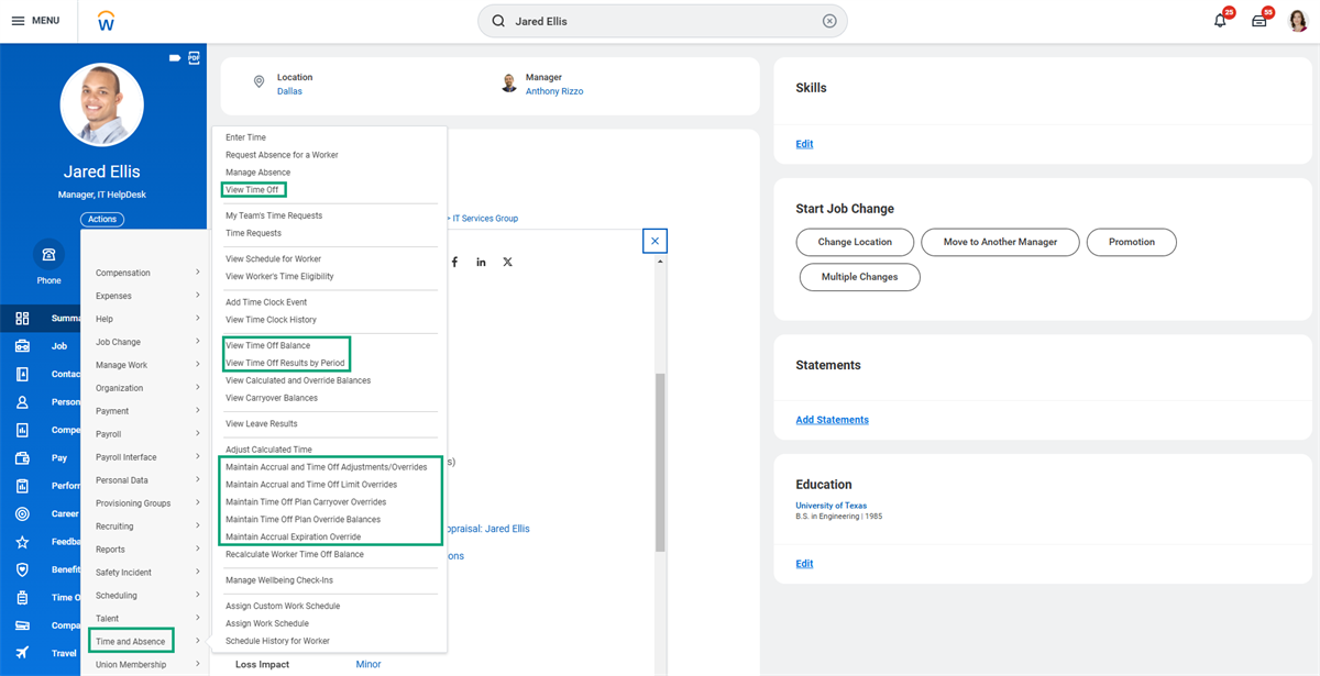 A screenshot of actions menu open in an employee profile. Administrator-related tasks and reports under Time and Absence are highlighted.