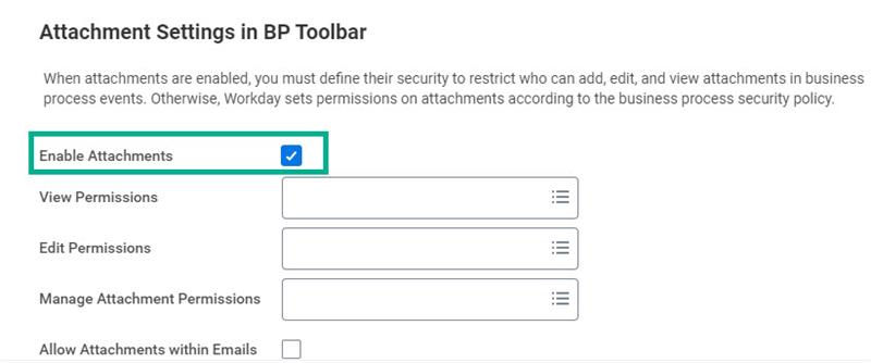 A screenshot of the Attachment Settings in the BP Toolbar section with the Enable Attachments checkbox highlighted.