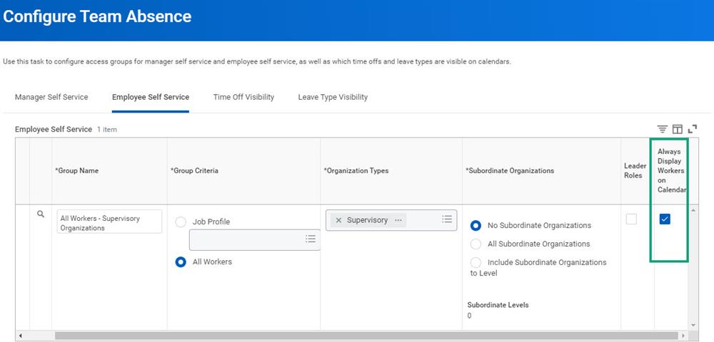 A screenshot of the Configure Team Absence task with the Always Display Workers on Calendar checkbox highlighted as described in the preceding text.