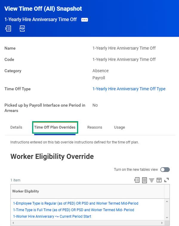 A screenshot of the View Time Off (All) Snapshot with the Time Off Plan Overrides tab highlighted.