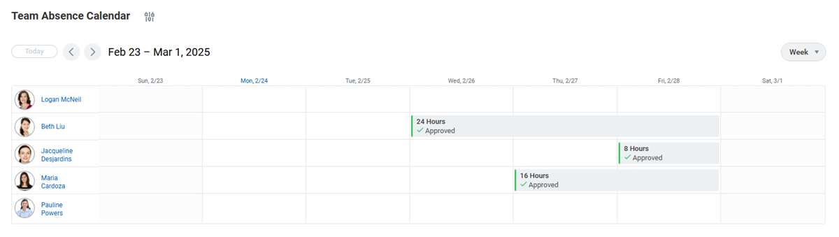 A screenshot of the Team Absence Calendar. Refer to the preceding text for more details.