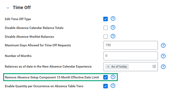 A screenshot of the Time Off section of the Edit Tenant Setup - HCM task with a highlighted checkbox described in the subsequent text.