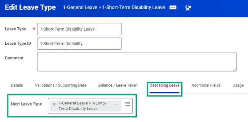 A screenshot of the Edit Leave Type task with the Cascading Leave section and Next Leave Type field highlighted.