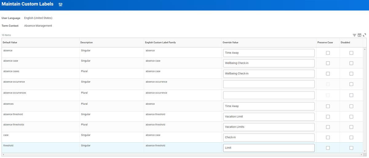 A screenshot of the Maintain Custom Labels task as described in the preceding text.