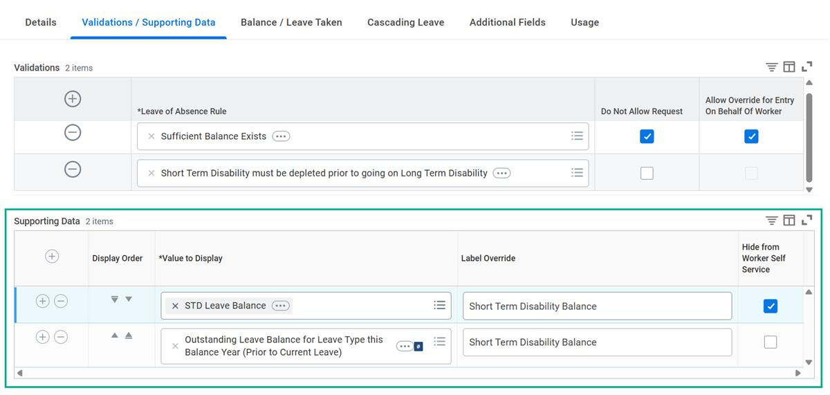 A screenshot of the Validations/Supporting Data tab as described in the preceding text.