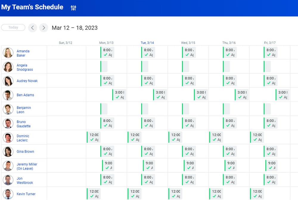 A screenshot of the My Team's Schedule report as described in the preceding text.