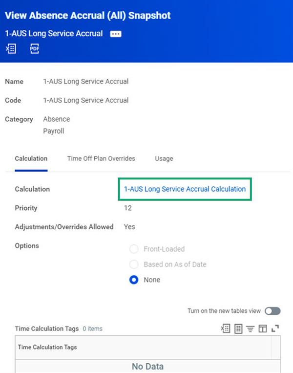 A screenshot of the View Absence Accrual (All) Snapshot with the calculation highlighted.