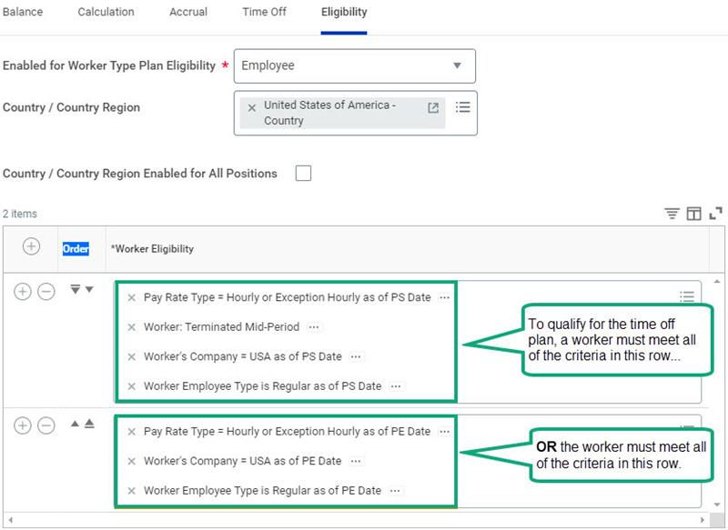 A screenshot of the Worker Eligibility grid highlighting two rows with the rules described in the preceding text.