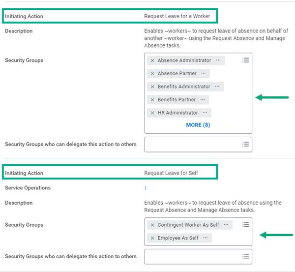 A screenshot with Request Leave for Self and Request Leave for a Worker highlighted. Refer to the preceding text for more details.