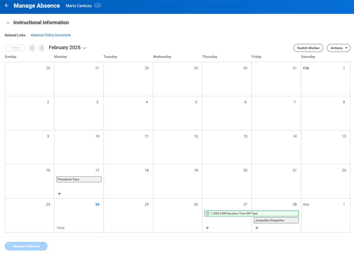 A screenshot of the Manage Absence calendar with approved team events. Refer to preceding text for more details.