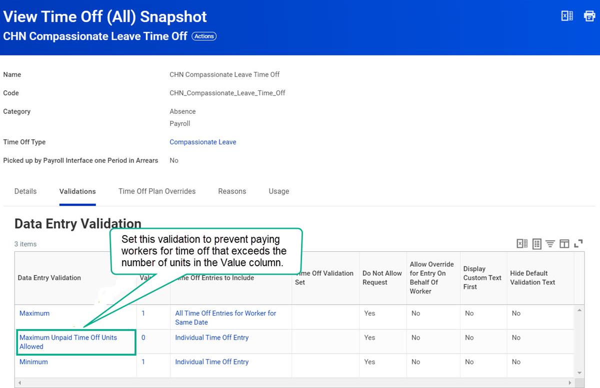 A screenshot of the View Time Off (All) Snapshot. Data entry validation is highlighted with the text "Set this validation to prevent paying workers for time off that exceeds the number of units in the Value column."