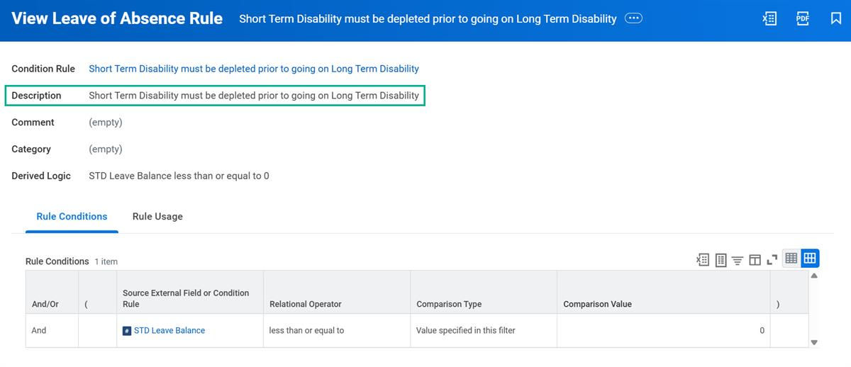 A screenshot of the View Leave of Absence Rule task with the Description field highlighted.