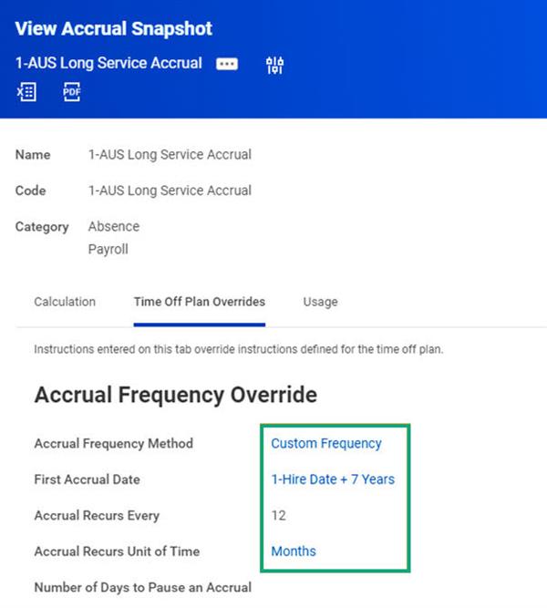 A screenshot of the View Accrual Snapshot with the Accrual Frequency Override highlighted.