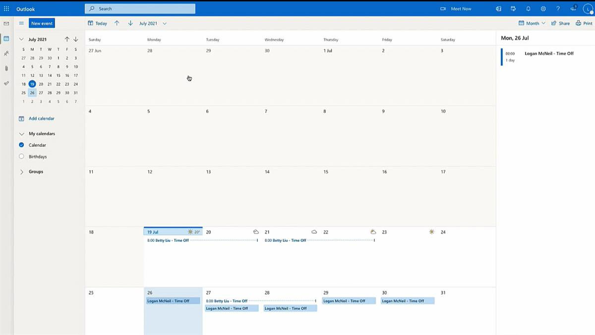 A screenshot of Logan McNeil's Outlook calendar.
