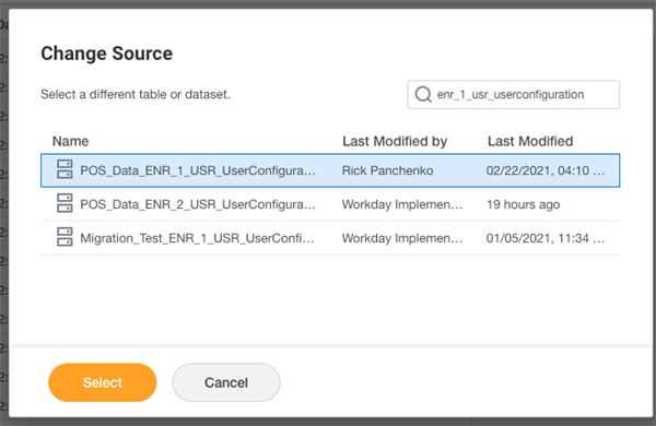 A "Change Source" window displays searched tables, selecting a POS data file above orange Select and grey Cancel buttons.
