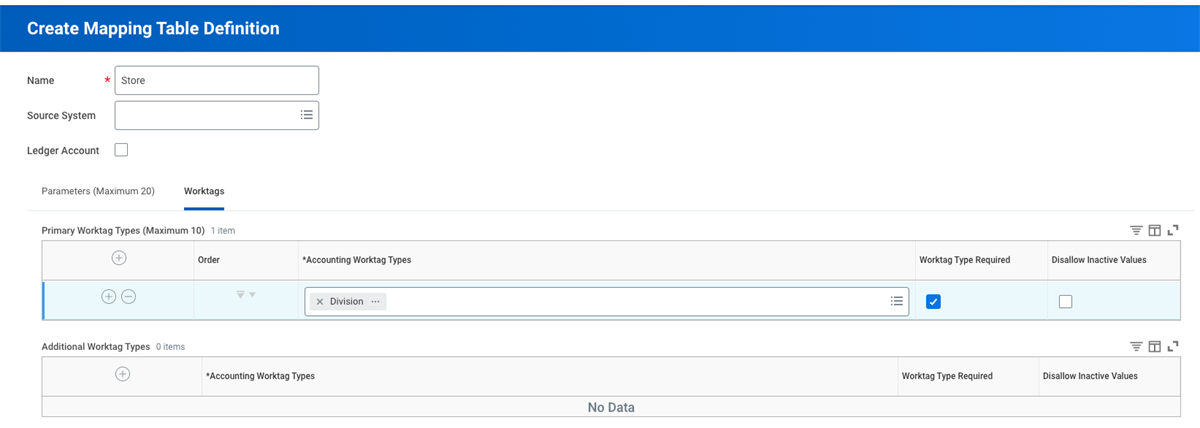 The Worktags tab on the Create Mapping Table Definition screen displays Division as a required accounting worktag type.