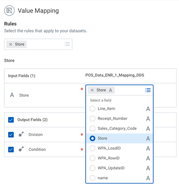 In the Value Mapping screen, a dropdown menu selects the Store field to map an input field to Division and Condition output fields.