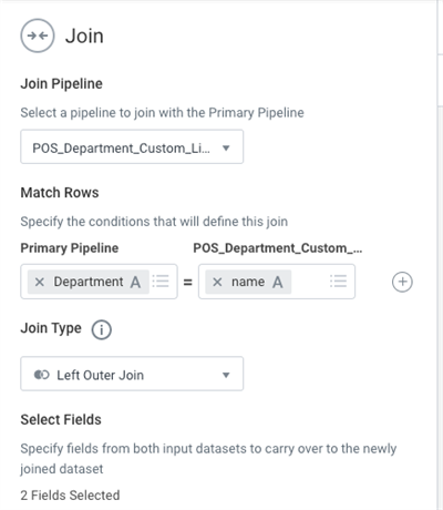 The Join configuration screen matches the Department field from the primary pipeline to the name field using a Left Outer Join.