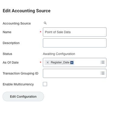 Screenshot of the Edit Accounting Source screen shows fields for Name and Description, with Register_Date selected as the mandatory As Of Date.