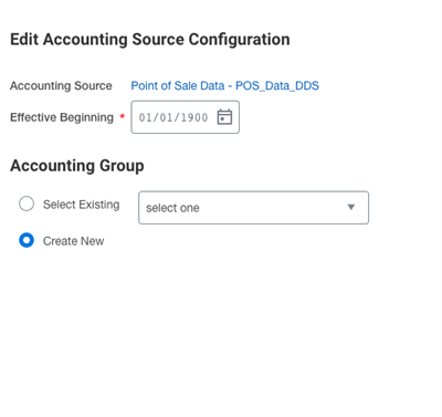 The Edit Accounting Source Configuration screen sets an effective start date and selects the Create New accounting group option.