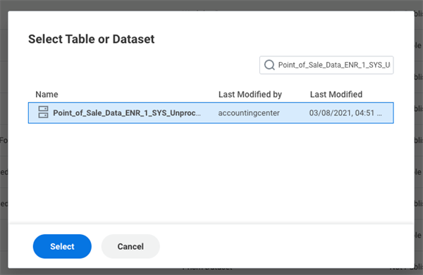 Screenshot of the Select Table or Dataset screen.