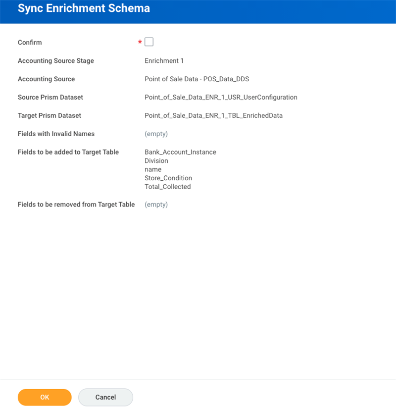 Screenshot of the Sync Enrichment Schema screen shows details of fields to add to the target table alongside OK and Cancel action buttons.