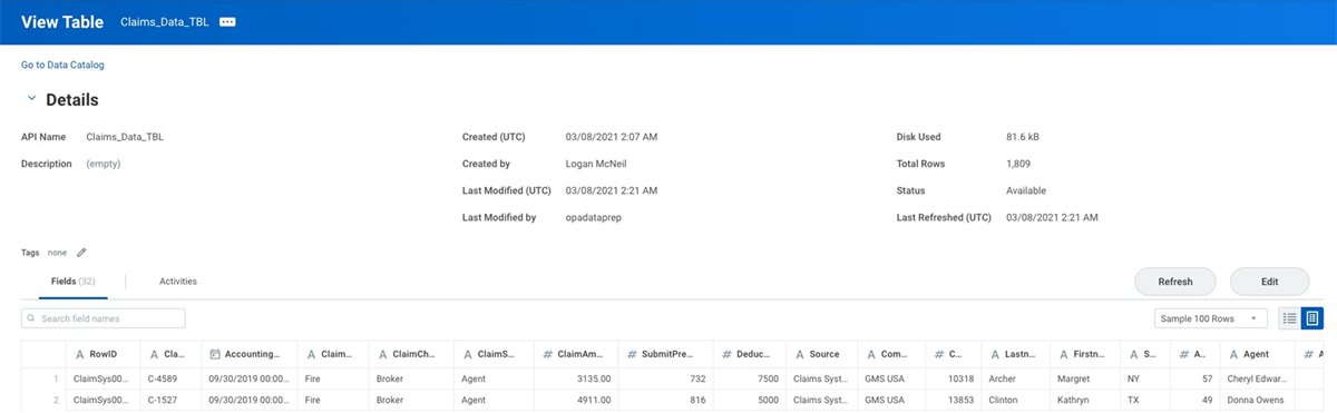 Screenshot of the View Table page shows metadata details and a grid layout displaying data rows with fields like RowID, Claim, and Accounting Date.