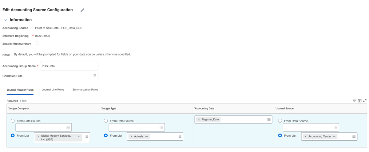 The Journal Header Rules tab displays fields for specifying the Ledger Company, Ledger Type, Accounting Date, and Journal Source.