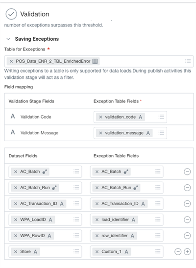 Screenshot of the Saving Exceptions layout maps various dataset fields to corresponding fields in an destination exception table.