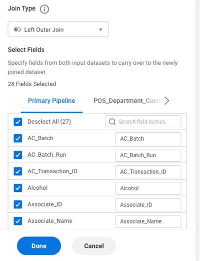 The Select Fields checklist displays selected source fields, like AC_Batch and Alcohol, to carry over to the joined dataset.