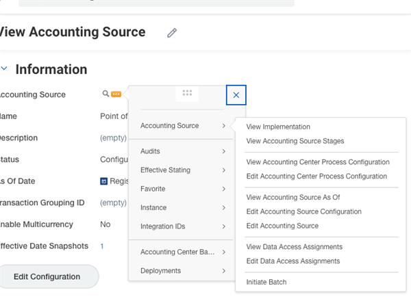 Screenshot of n expanded context menu on the Accounting Source screen lists options to view or edit the Accounting Center Process Configuration.