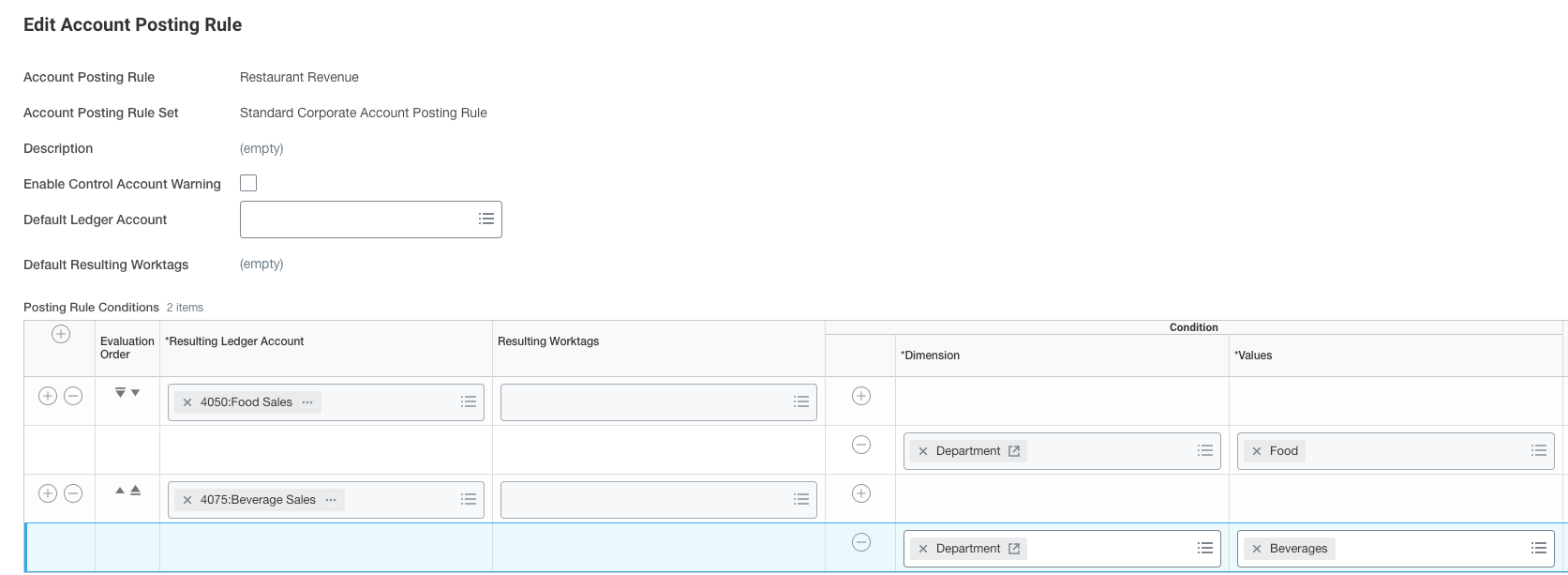 The Edit Account Posting Rule form displays two row conditions linking specific ledger accounts to department categories.