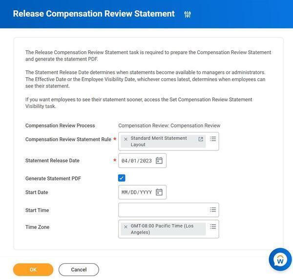 The Workday 'Release Compensation Review Statement' screen shows a statement rule layout, a release date of 04/01/2023, and a the Generate Statement PDF option selected.