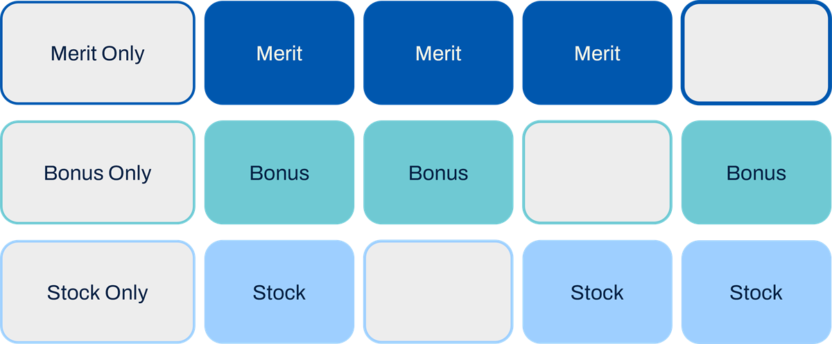 A grid displays five compensation review process combinations using columns of colored blocks labeled Merit, Bonus, and Stock.