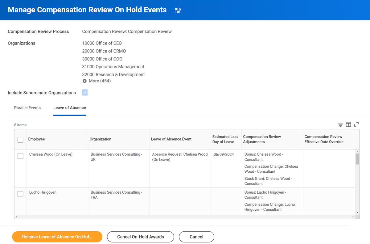 Screenshot of the Manage Compensation Review On Hold Events task, as described in the preceding text.