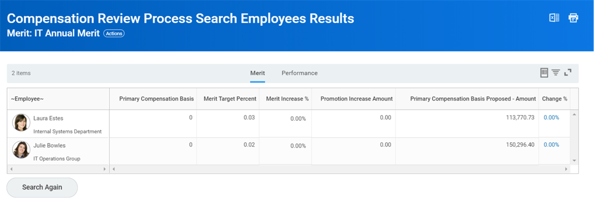 A screenshot of the Controller Page view, with compensation details listed by employee.