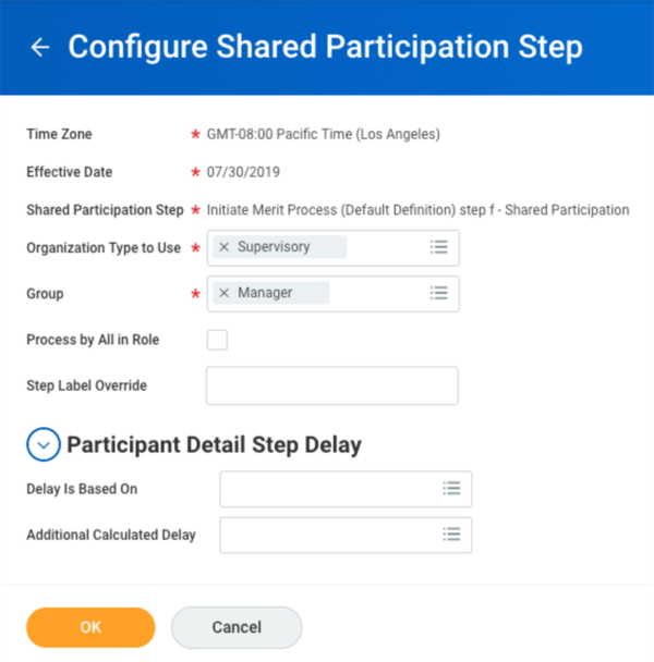 Screenshot of options available on the Shared Participation step of the Initiate Compensation Review Process.