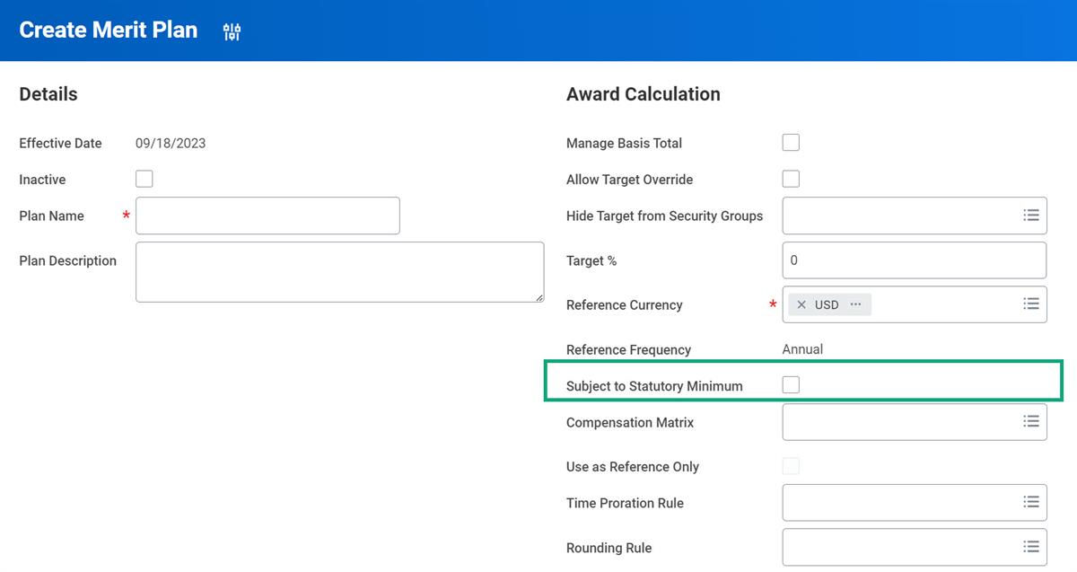 The Create Merit Plan screen with the Subject to Statutory Minimum checkbox highlighted.
