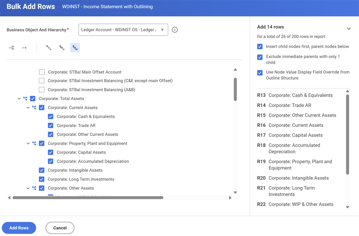 Descendent nodes highlighted in a side panel of the Bulk Add Rows task.