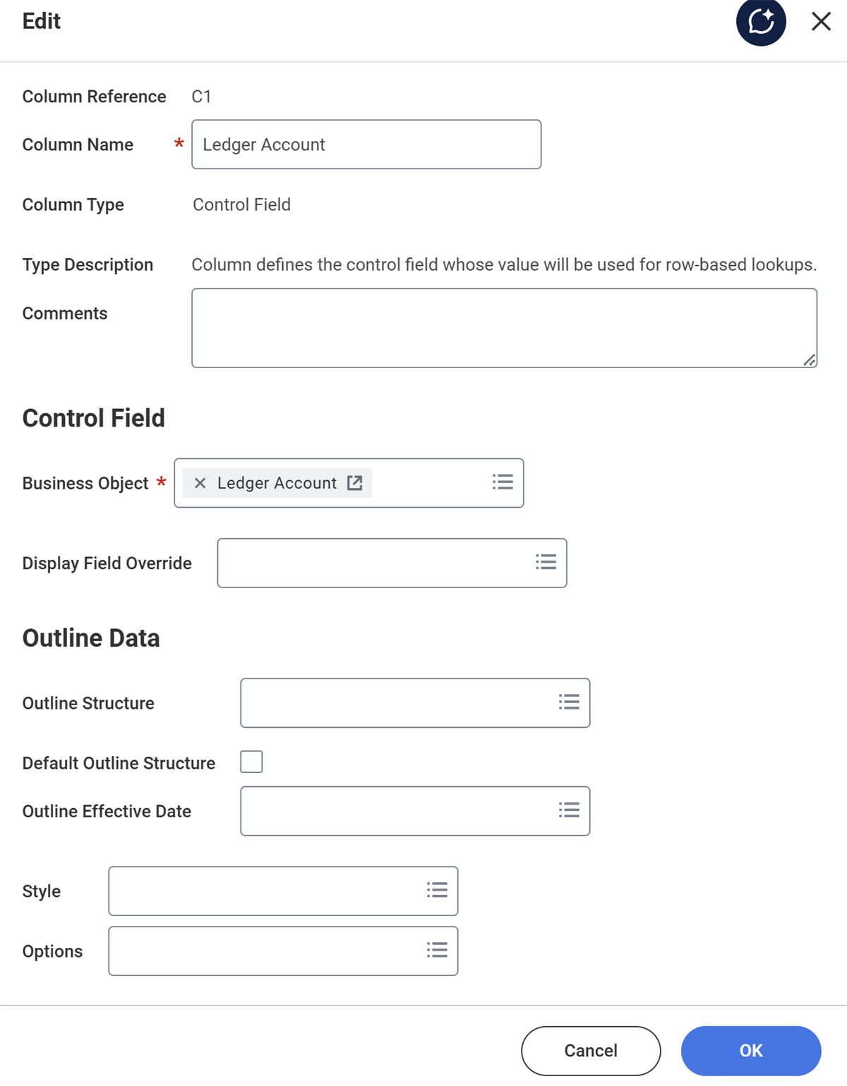 Edit options for a Control Field column type as described in the preceding text.