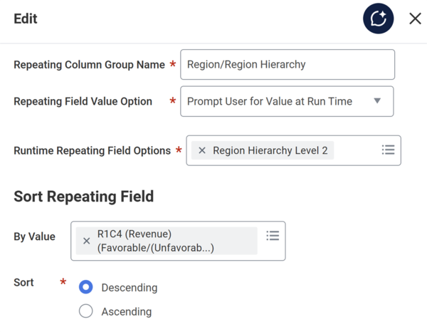 Screenshot that shows configuring a repeating column group as described in the text in this section.