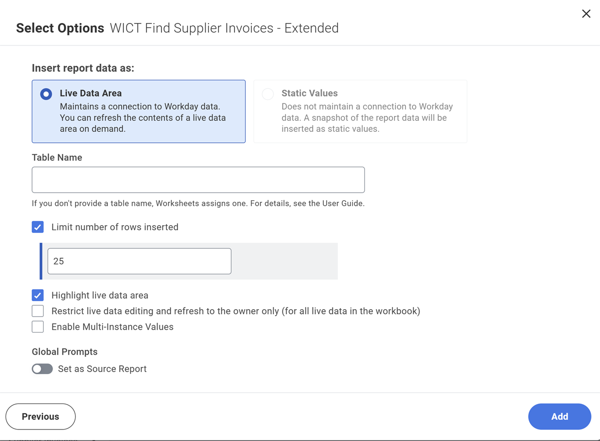 Last screen of the data wizard displaying live data insert options.