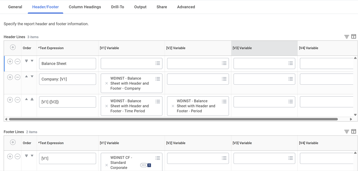 Screenshot of the Report Settings, header footer tab, showing custom header and footer configuration for the composite report. 