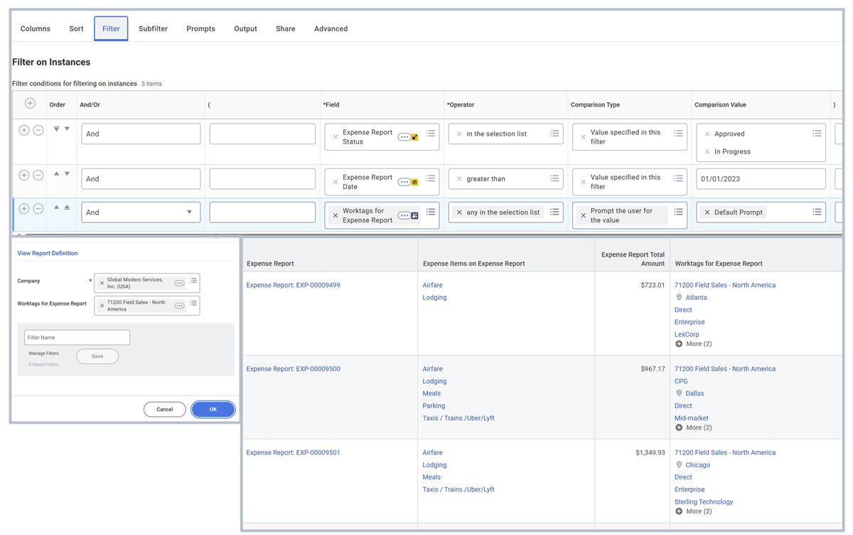 Screenshots showing the report definition filtering on Worktags for Expense Report by prompting the user for a value, prompt selecting the worktag 71200 Field Sales - North America, and the report output showing the report filtering expense reports on the selected prompt.