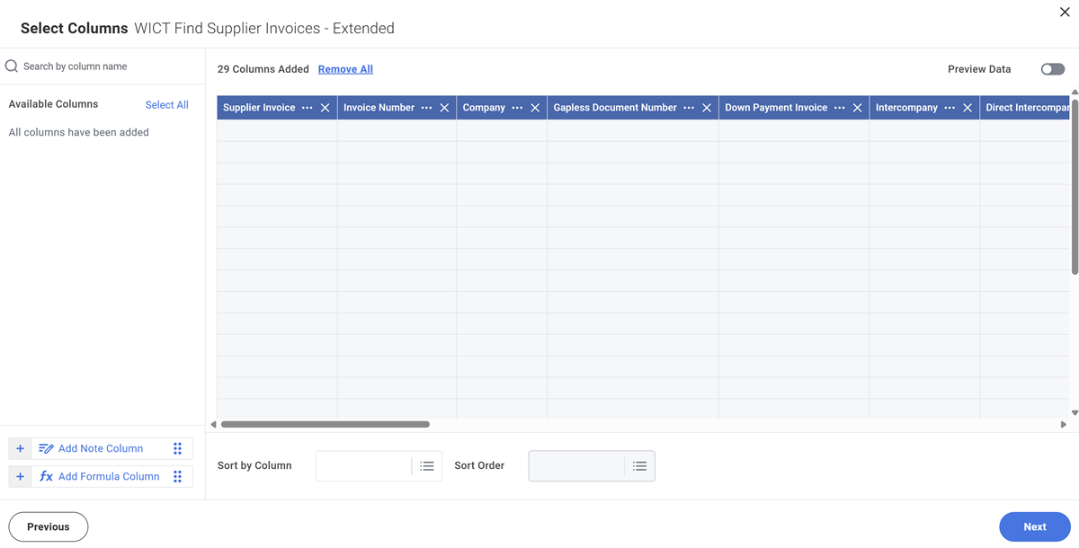 Screenshot of the Select Columns screen for a worksheet.
