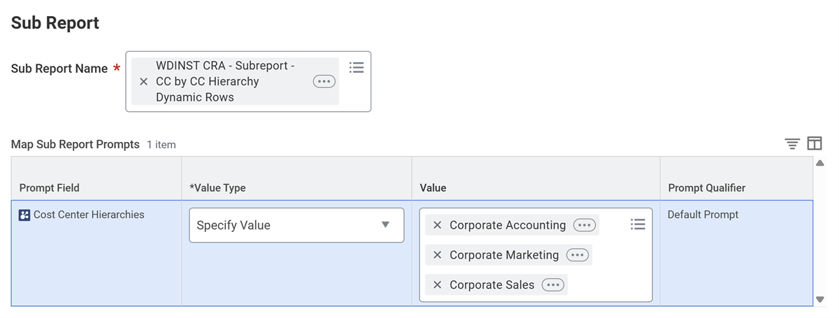 Screenshot showing the Map Sub Report Prompts field as described in this section.